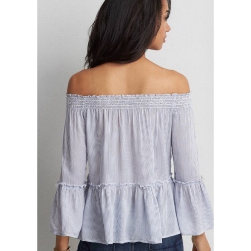 American Eagle Outfitters Striped Off the Shoulder Bell Sleeve Top Blue&White S - Picture 2 of 11